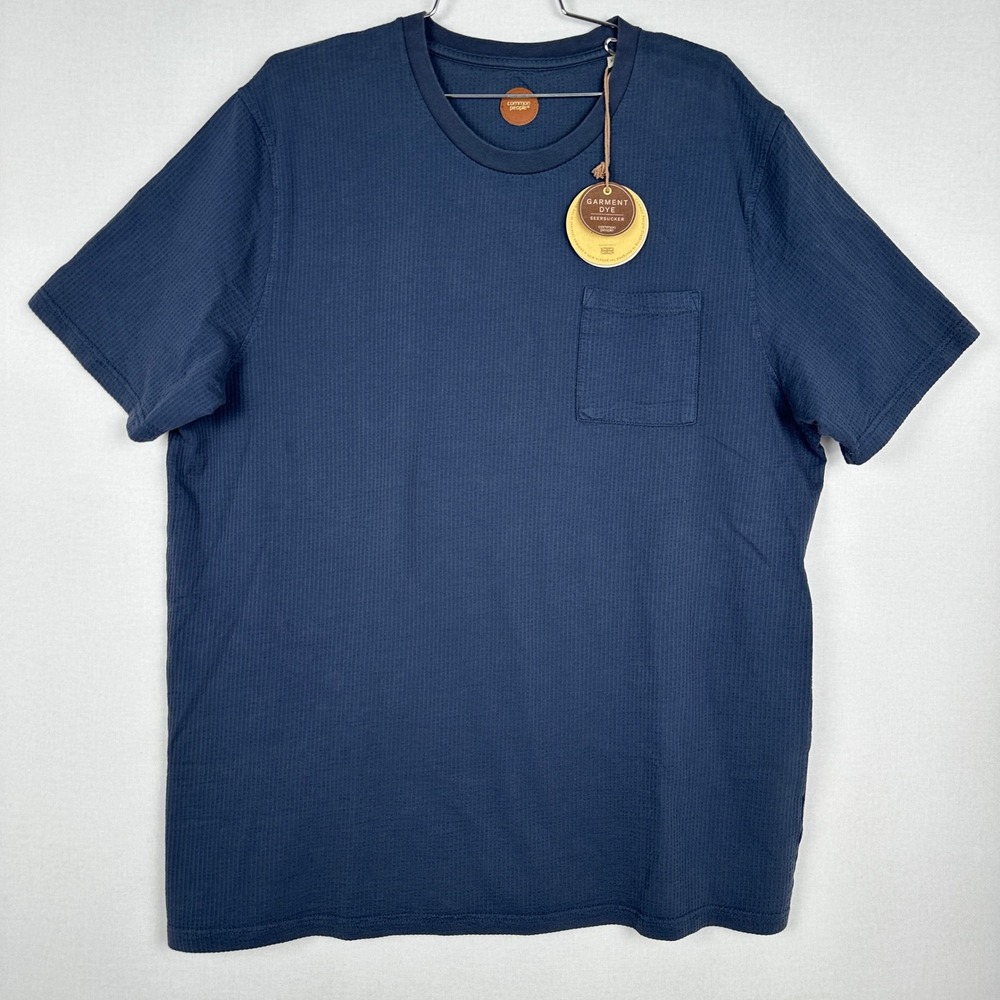 Common People Seersucker Pocket T Shirt Navy Blue Men's XL